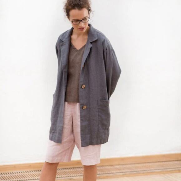 Flax Women’s Linen Shirt Jacket Lagenlook Artsy Art to Wear Shacket Indigo S - Picture 1 of 8